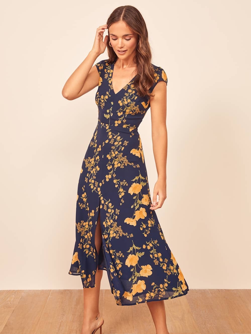 Reformation Wellfleet Navy Floral V-Neck Midi Dress - Women